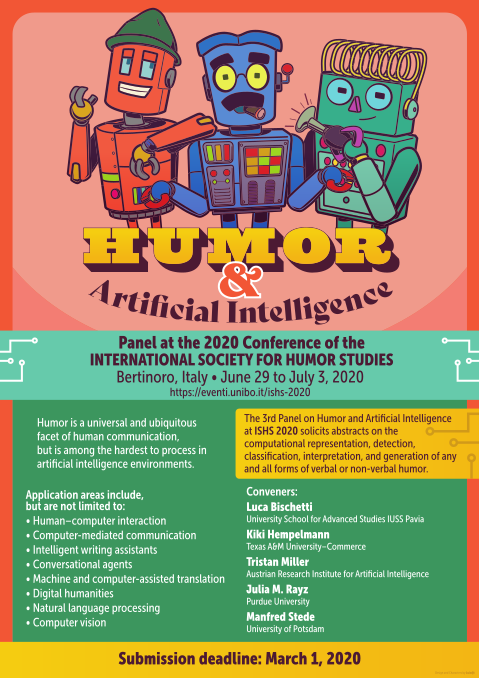 A poster advertising the 3rd Panel on Humor and Artificial Intelligence at the 2020 ISHS Conference